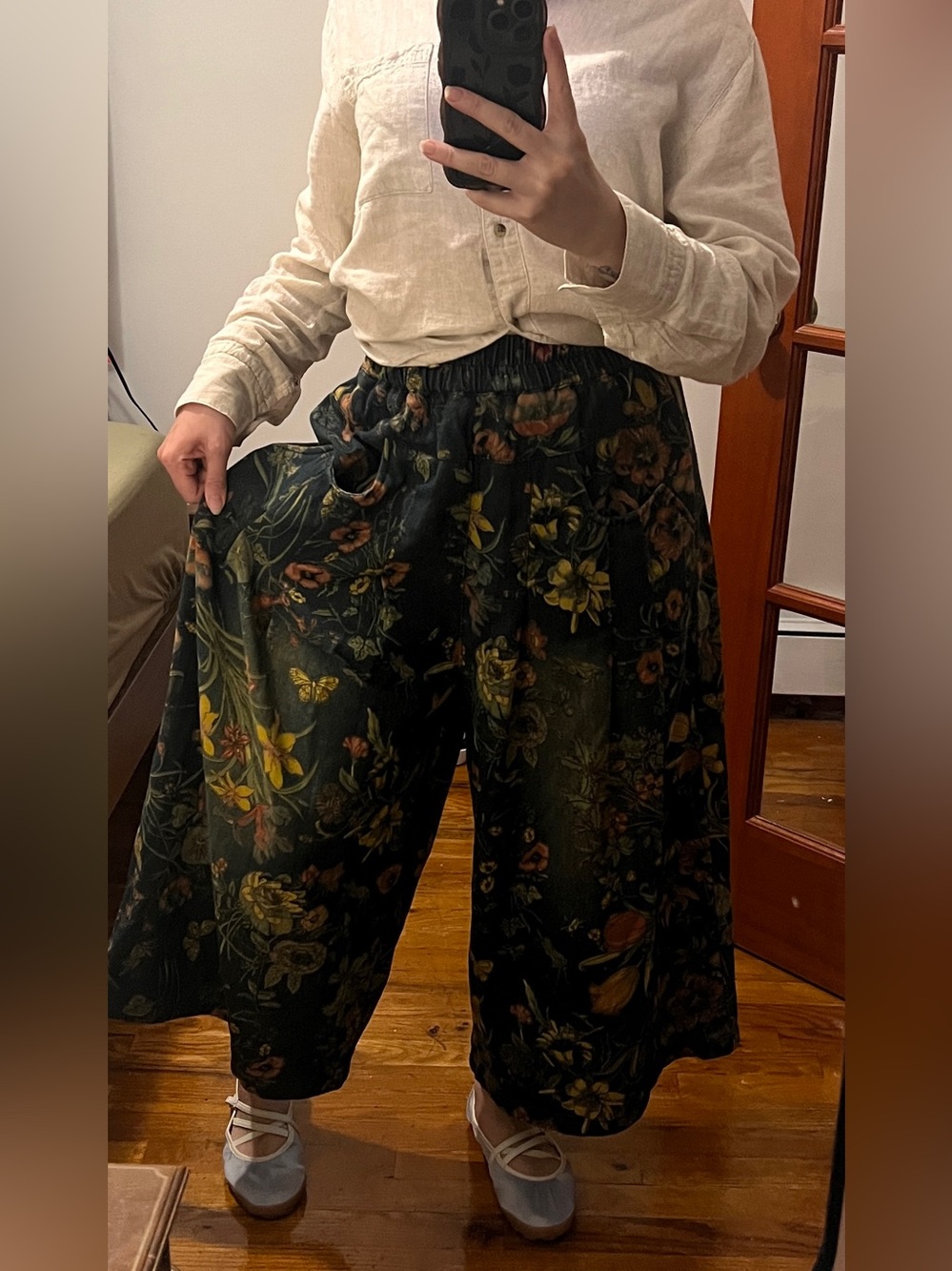 Wide-Leg Culotte Denim Floral Pants